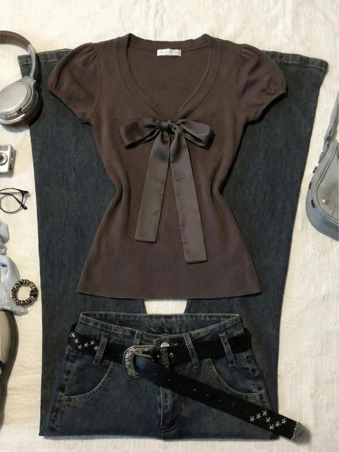 Vintage T-shirt Bow Y2k Slim S - Street Fashion Goth reseña y precio
